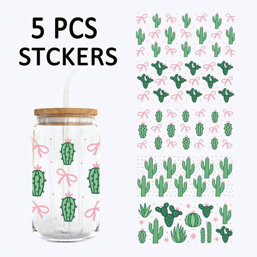 5pcs Cute Green Cactus Theme UV DTF Cup Stickers, Waterproof Scratch-Resistant 3D Crystal Stickers, Suitable For 16oz Glass Cups, Mugs, Crafts, Great For Decorating Personal Items! (4.3in X 9.4in) - 3 Types Of Cacti - View 1
