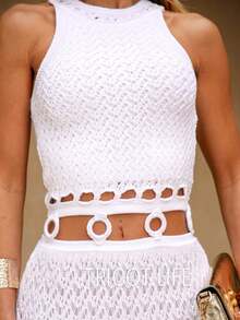 Vestido Midi Tricot Argolas Rendado Moda Praia Reveillon Elegante - Branco - Visão 3