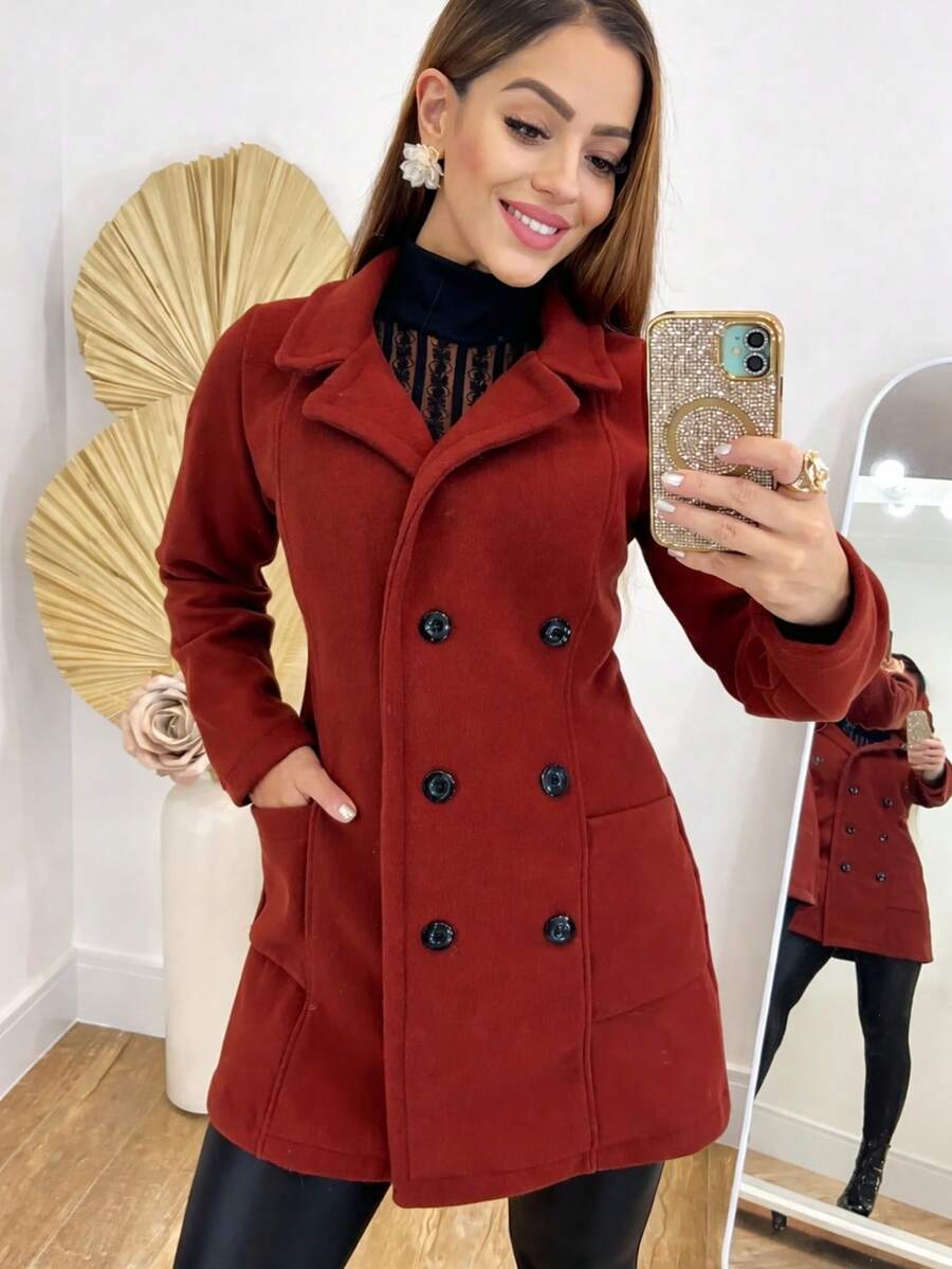 Women's Long-Sleeved Woolen Jacket/Coat For Winter, Fashion Blogger, Buttons, Overcoat - Red - View 1
