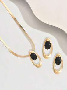 3pcs Elegant Creative Necklace + Earrings Jewelry Set, Fashionable Personalized Metal Geometric Asymmetrical Oval Golden Pendant Necklace With Black Acrylic Color Block Design, Versatile For Daily, Festivals, Parties J7YA - 金色 - 查看 8