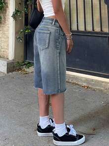 Y2K Retro Slant Pocket Fringe Hem Wide Leg Denim Bermuda Shorts, Casual Shorts Summer - Retro Blue - View 8