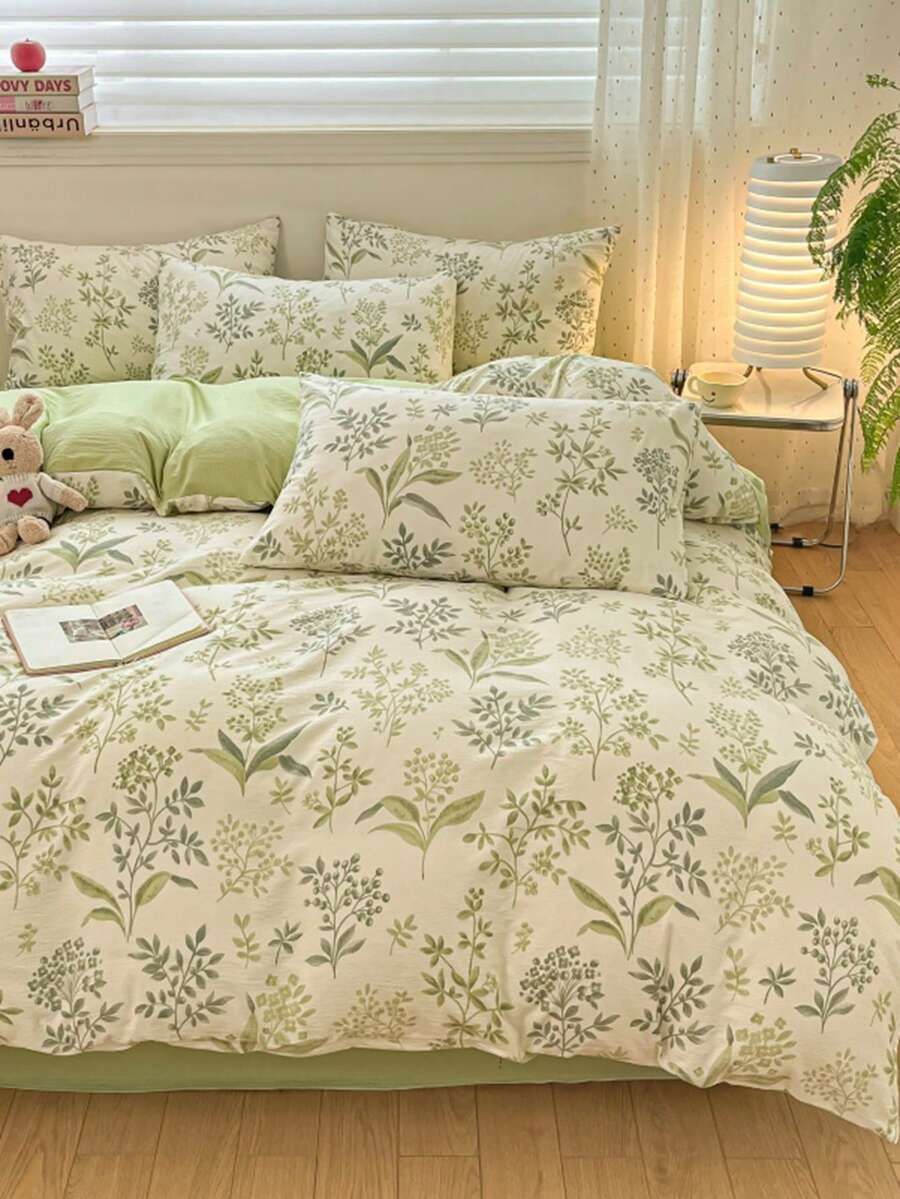 4pcs/Set, Fresh Leaf Pattern Duvet Cover Set, Machine Washable, Soft & Comfortable Fiber Double-Layer Gauze Texture Bedding, Healing Bedroom Atmosphere For Rental Renovation (1 Duvet Cover + 1 Bed Sheet + 2 Pillowcases, Pillow Cover Pattern Randomly Cut) - Xanh nhạt - Xem 1