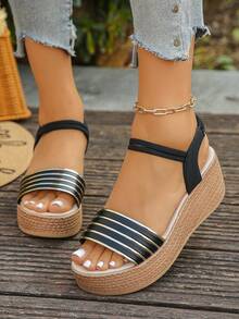1 Pair Summer Wedge Sandals For Teenagers, Suitable For Daily Outings, Vacation, Beach, Fashion Versatile, Lightweight, Comfortable Casual Thick-Soled Sandals - Black - View 5