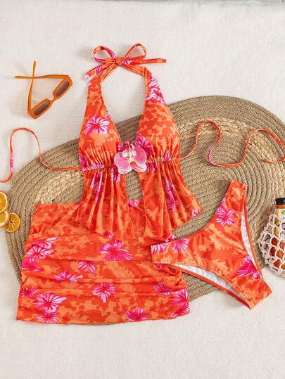 Bộ đồ bơi mùa hè 2026 dành cho nữ, bikini hai mảnh in họa tiết ngẫu nhiên, đồ bơi thanh lịch cho kỳ nghỉ biển, phù hợp cho ngày Valentine, thời trang mùa hè, trang phục Valentine mùa xuân, bộ 3 món.