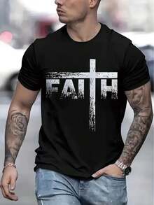 Men's Faith Pattern Printed T-Shirt Casual Short Sleeve Top 1 Piece 100% Cotton - Comfortable Crew Neck, Soft And Cute Top - 白色 - 查看 2