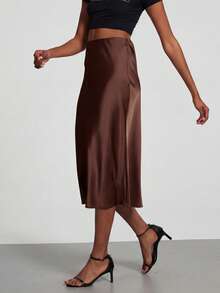 Chân váy midi satin cạp cao dành cho nữ, trang phục thường ngày thanh lịch cho mọi mùa xuân. - màu nâu - Xem 5
