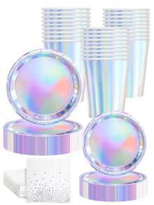 10pcs Rainbow Paper Plates, Round Disposable Plates Suitable For Cake, Salad, Pizza, Etc., Holographic Rainbow Silver Decor Party Supplies, Including 9-Inch Paper Plates, 7-Inch Laser Paper Plates, 9oz Paper Cups, Perfect For Garden Parties, Weddings, Anniversaries, Birthdays, Holidays - Multicolor - View 12