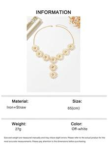 OOQ 1pc Bohemian Style Handmade Woven Raffia Daisy Flower Patchwork Y-Necklace, Fashionable Handcrafted Raffia Floral Pendant Necklace Suitable For Women's Daily, Beach, Party Wear (Handwoven Technique Randomly, Handmade May Have Slight Glue Residue) - Off White - View 7