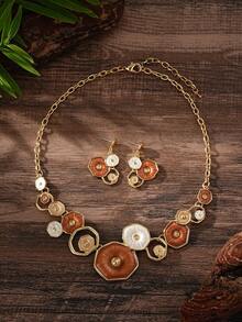 Cring Coco 1 Elegante conjunto de joyería retro de estilo bohemio con diseño geométrico calado de la serie botánica de verano, de aleación de zinc con collar y pendientes elásticos para mujeres. Perfectamente adecuado para mujeres hermosas. Apropiado para uso diario, vacaciones, banquetes de alta gama, fiestas, San Valentín, Día de la Madre, cumpleaños y días festivos. - Caqui - Ver 11