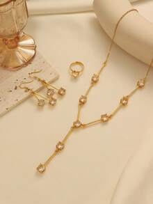 1 Set Elegant Copper Alloy Square Crystal Tassel Earrings, Open Ring, Y-Shaped Necklace Jewelry Set, Suitable For Women's Daily Wear And Holiday Gifts - Yellow Gold - View 1