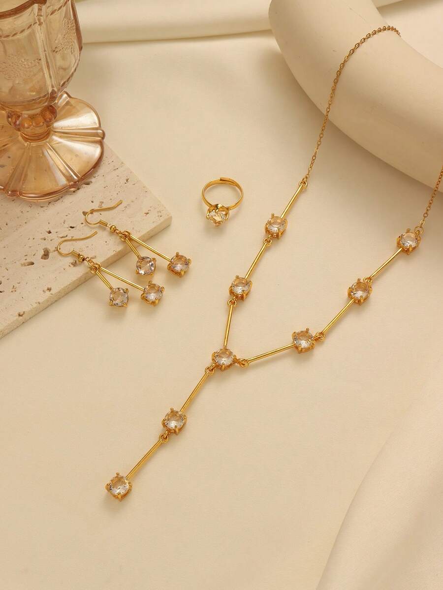 1 Set Elegant Copper Alloy Square Crystal Tassel Earrings, Open Ring, Y-Shaped Necklace Jewelry Set, Suitable For Women's Daily Wear And Holiday Gifts - Yellow Gold - View 1