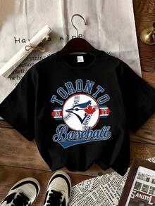 Graphic Design T - Shirt With 'TORONTO' Text & Blue Jay Baseball Bat Ball Emblem, Blue Cursive 'Baseball' & 1977 Strips, Black Cotton Crew Neck Casual Tee For Toronto Baseball Fans - 黑色 - 查看 1
