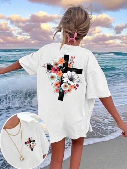 Women's Standard White T-Shirt | Floral Cross Print T-Shirt | Elegant Christian Faith Flower Art Top | Casual Short Sleeve Streetwear