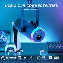 XLR/USB动圈麦克风套装，RGB播客麦克风，带静音、增益旋钮、音量控制和悬臂支架，适用于直播、游戏、配音、录音 - 查看 3