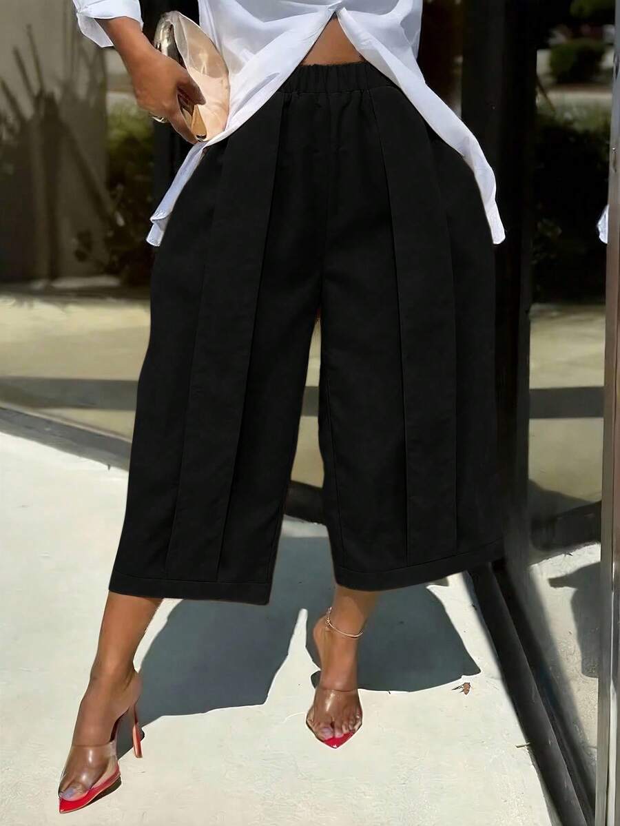 1pc Women's Fashionable Casual Solid Color Wide Leg Capri Pants, Comfortable Casual Patchwork Design, Wide Leg Pants Suit For Daily Commute & Work, Spring/Summer Black - Black - View 1