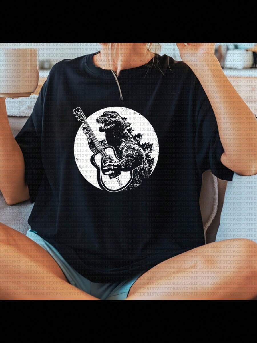 Cool Guitar T Shirt Vintage Godzilla Acoustic Electric Bass Drum Fender Men Band - 黑色 - 查看 1