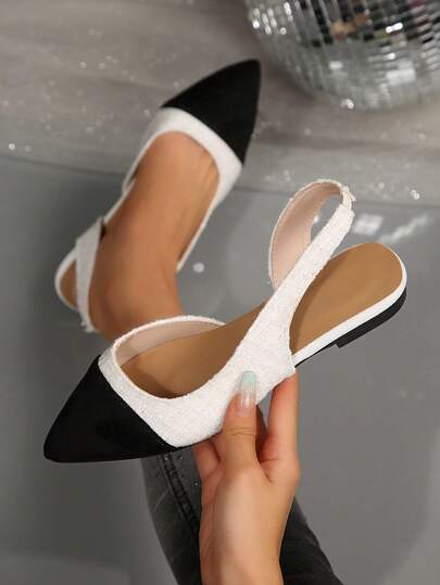 Black & White Pointed Toe Slip-On Shoes, Black & White Patchwork Decor Elastic Band Design, Casual Loafers, Elegant Office Commute Hollow-Out Flat Shoes For Women