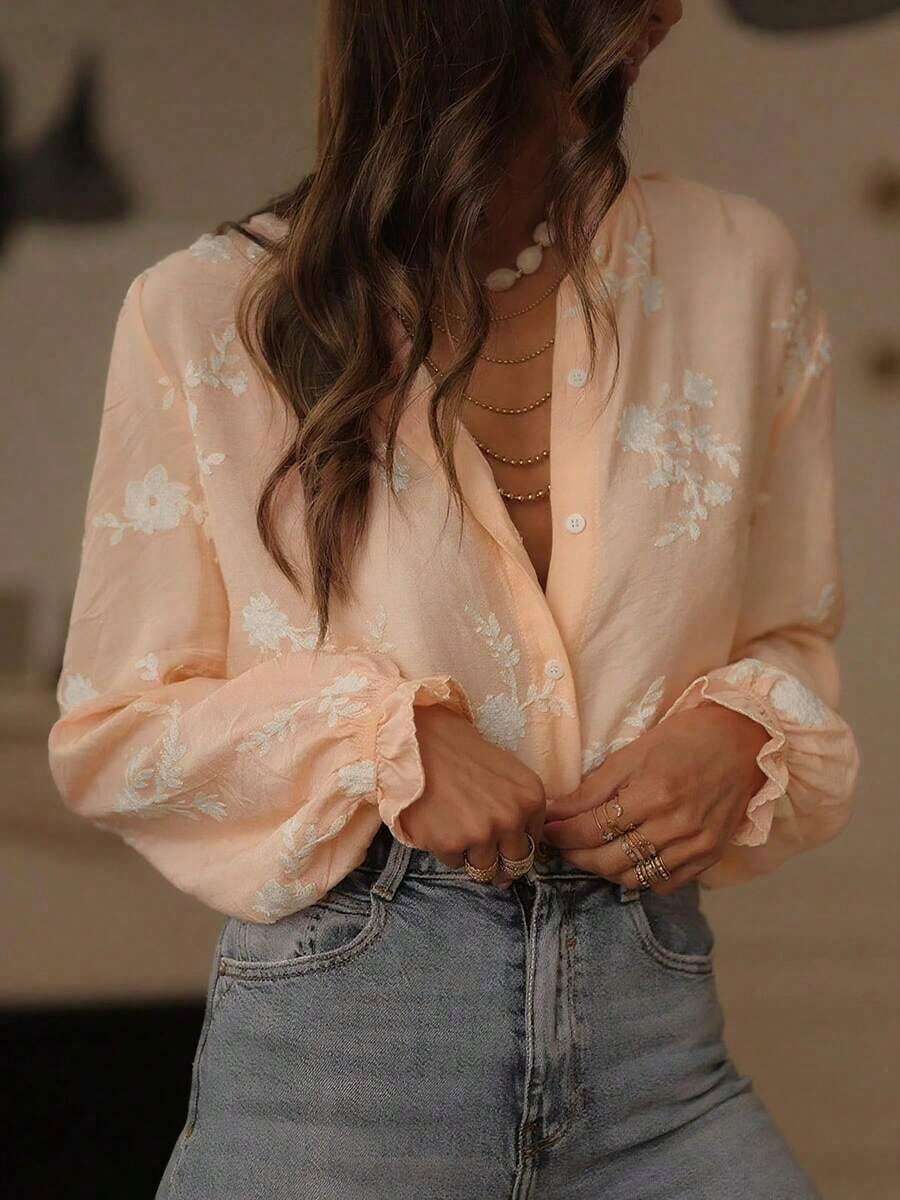 Hot Selling Retro Embroidery Ruffle Hem Floral & Leaf Print Buttoned Women Blouse, Daily Wear Spring - màu đen - Xem 1