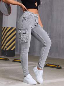 Skinny Cargo Jeans, Blue Wash, Stretchy, With Multiple Pockets, Butt-Lifting Effect, Fitted Cuffs - 淺灰色 - 查看 9