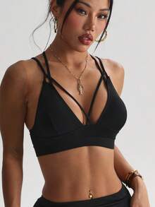 Women's Solid Color Removable Padding V-Neck Criss-Cross Back Knit Sports Bra, Black, Autumn - Black - View 5