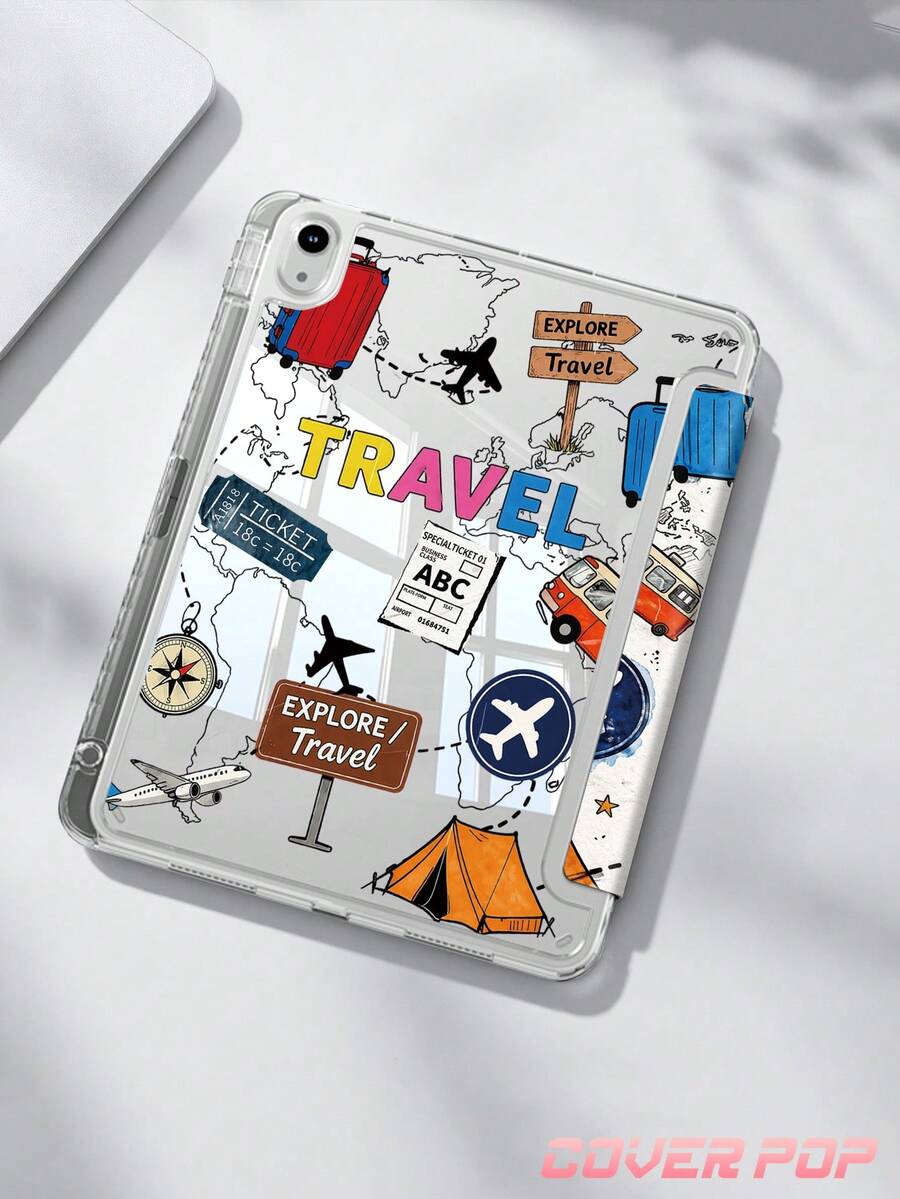 旅行拼贴图案平板电脑保护套，兼容 iPad Air 11 英寸 M3 2025 / M2 2024、Air 第五代 2022、(A16) 11 英寸第十一代 2025，兼容三星 Galaxy Tab、Kindle Paperwhite 第十二代 2024，透明背壳，时尚图案保护套，支持自动睡眠/唤醒功能，气囊保护，适合作为礼物和办公用品。
