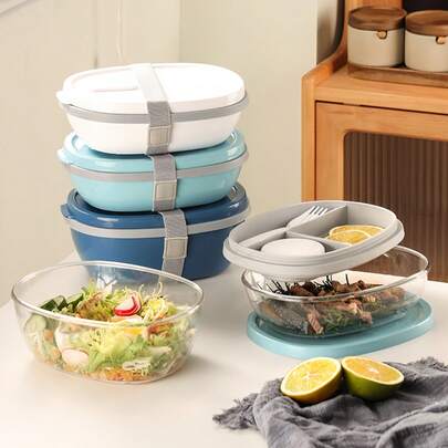1 hộp đựng salad hai lớp, có thể chứa nhiều thực phẩm, kèm hộp đựng nước chấm nhỏ, hộp cơm trưa di động kèm dao nĩa, dùng được trong lò vi sóng và máy rửa chén (Màu hồng)