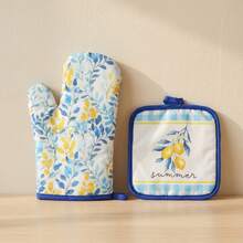 2 件套夏季柠檬印花隔热手套和隔热垫套装，耐热加厚涤纶厨房手套，防滑设计，适用于烘焙烹饪（包含 1 个隔热手套和 1 个隔热垫） - 彩色 - 查看 7