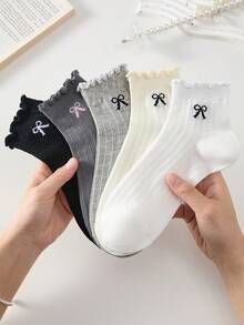 5双装女士白色竖条纹荷叶边短袜，时尚简约柔软透气吸湿短袜，公主风，适合生日派对、居家、四季穿着，颜色随机 - 彩色 - 查看 4