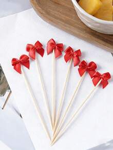 30/50/100 piezas Palillos con forma de cola de gallo de bambú, palillos con forma de lazo, pinchos elegantes para decoración de bodas, fiestas de San Valentín, decoración de fiestas de cumpleaños de niñas, adornos para cupcakes con moños rosas, sin necesidad de electricidad, insertos para decoración de pasteles - Multicolor - Ver 8