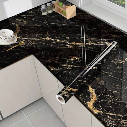 1 Cuộn Giấy Dán Tường PVC Tự Dính Họa Tiết Vân Đá Vàng Đen - Chống thấm nước, chống dầu mỡ, chống bám bẩn - Thích hợp cho mặt bàn bếp, phòng tắm, chống rách - Trang trí bàn làm việc, tường phía sau TV