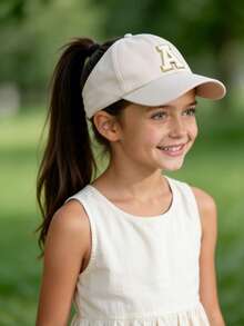 1pc A-Z Letter Backless Ponytail Baseball Cap, Girl Fashion Sports Sun Hat Outdoor UV Protection - Beige - View 3