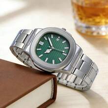 1 pieza Reloj de cuarzo con correa de acero para hombre, regalo de vacaciones, regalo, correa no ajustable - Verde - Ver 3