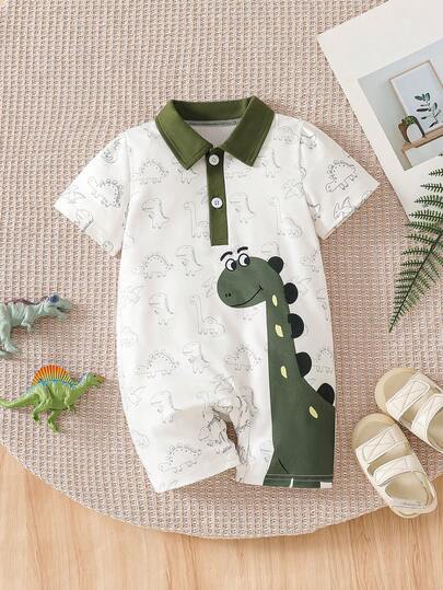 Infant/Toddler Boys' Cute Dinosaur Print Short Sleeve Romper, Suitable For Indoor And Outdoor Wear, Spring/Summer