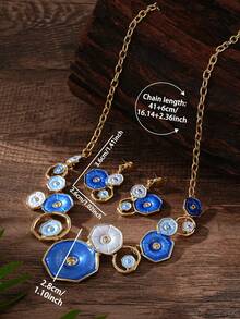 Cring Coco 1 Elegante conjunto de joyería retro de estilo bohemio con diseño geométrico calado de la serie botánica de verano, de aleación de zinc con collar y pendientes elásticos para mujeres. Perfectamente adecuado para mujeres hermosas. Apropiado para uso diario, vacaciones, banquetes de alta gama, fiestas, San Valentín, Día de la Madre, cumpleaños y días festivos. - Caqui - Ver 4