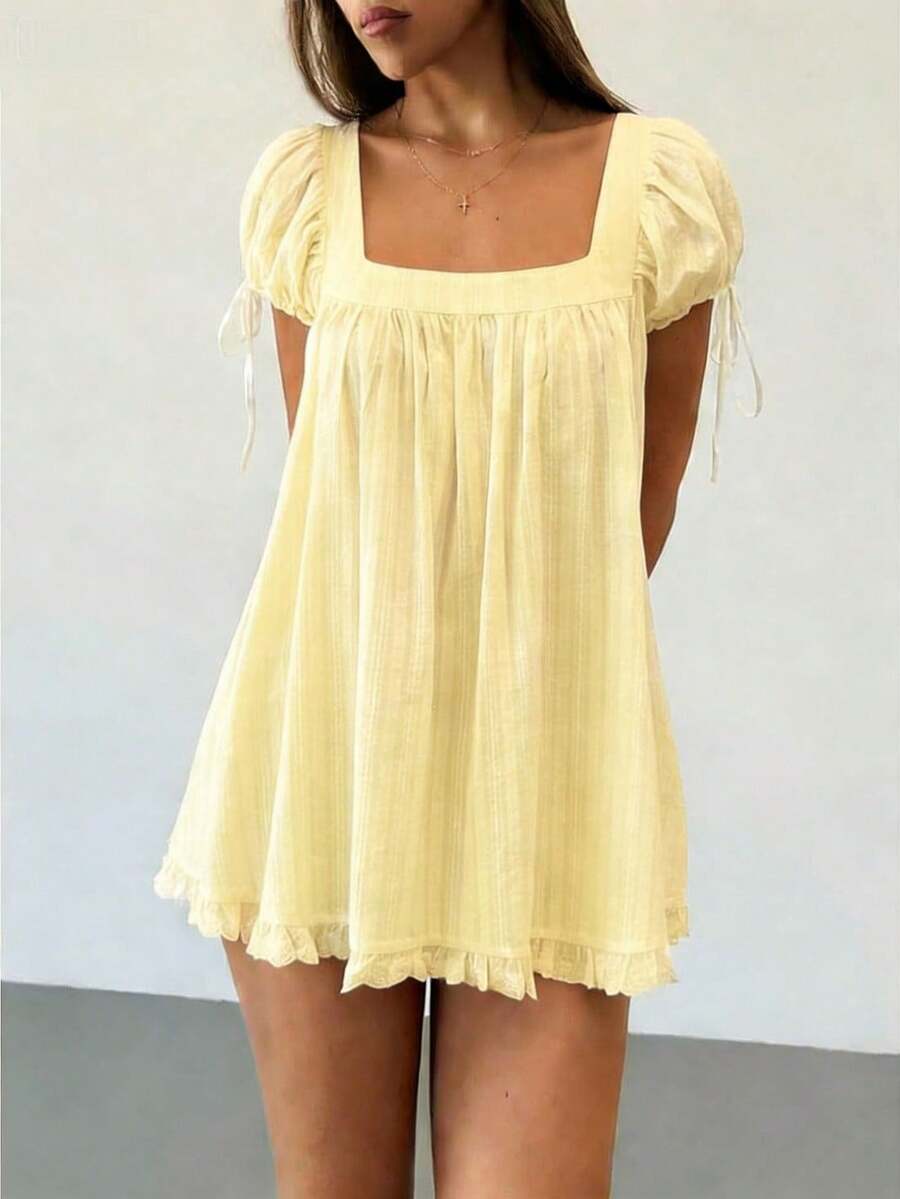 Women Puff Sleeve Babydoll Mini Dress Y2K Lace Trim Ruffle Flowy Dresses Summer Loose Swing Going Out Sundresses - 淡黃色 - 查看 1
