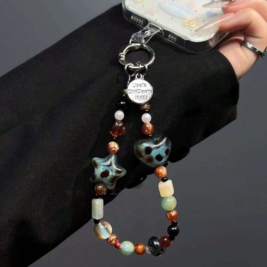 1 Piece Amber Vintage Leopard Print Beaded Bracelet, Beaded Hand Chain, Short Wrist Strap, Phone Case And Bag Accessory - Màu tím - Xem 1
