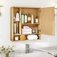 Wall Mounted Bathroom Cabinet With Mirror Single Door 3-Position Adjustable Shelf Hidden And Open Storage For The Bathroom, Living Room Or Entryway - 自然的 - 查看 3