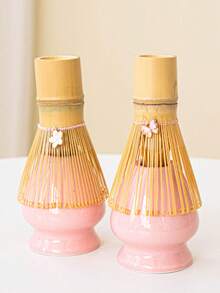 1/2pcs Set Natural Matcha Whisk And Ceramic Storage Jar, Japanese Bamboo Matcha Brush, Tea Powder Container, Matcha Bowl Tea Ceremony Utensils - Multicolor - View 2