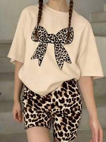 Girls Bow Print Short Sleeve Top And Shorts Set - Khaki - View 1