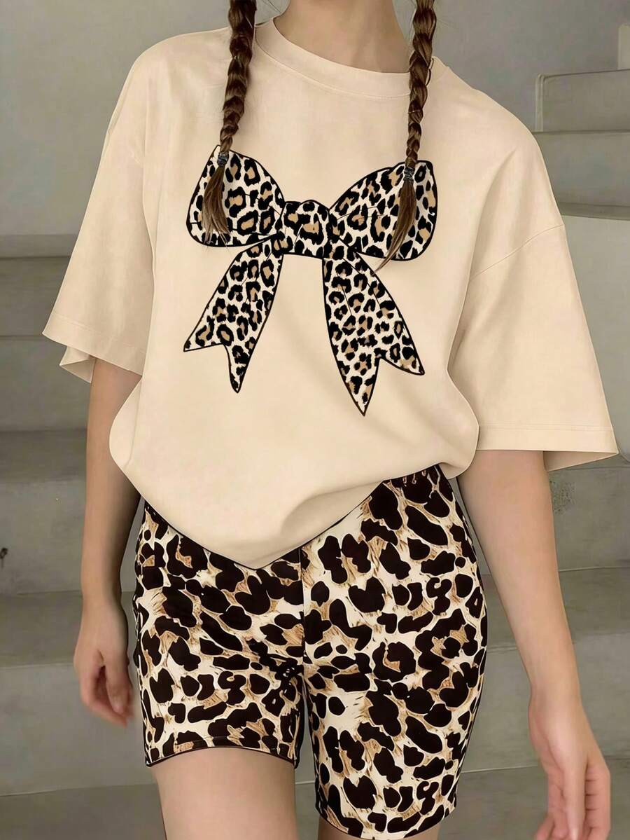 Girls Bow Print Short Sleeve Top And Shorts Set - Khaki - View 1