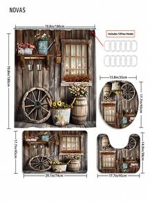 1/3/4 piezas Conjunto de cortina de ducha de flores silvestres de primavera con motivo de granero de madera de granja, tela de poliéster lavable y resistente al agua, accesorios de decoración de baño, incluye funda de asiento de inodoro, alfombras de baño y alfombra, perfecto para el hogar/dormitorio/sala de estar/artículos del hogar/verano - A - Ver 14