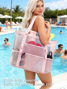 Mesh Beach Bag Large Tote Bag For Women Openwork Large-Capacity Swim Bag & Shoulder Bag Swimwear Storage Bag Foldable Handbag Toys Pool Bag Vacation - Multicolor - View 10