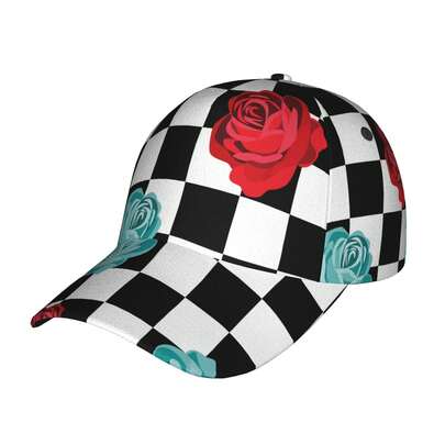 1 Pieza Gorra de béisbol a cuadros negros y blancos con diseño impreso de rosas rojas y azules, estilo de moda callejera, gorras deportivas y casuales, gorras de golf, gorra para hombres, sombrero para mujeres, sombreros de sol, gorras con visera unisex, gorras de camionero