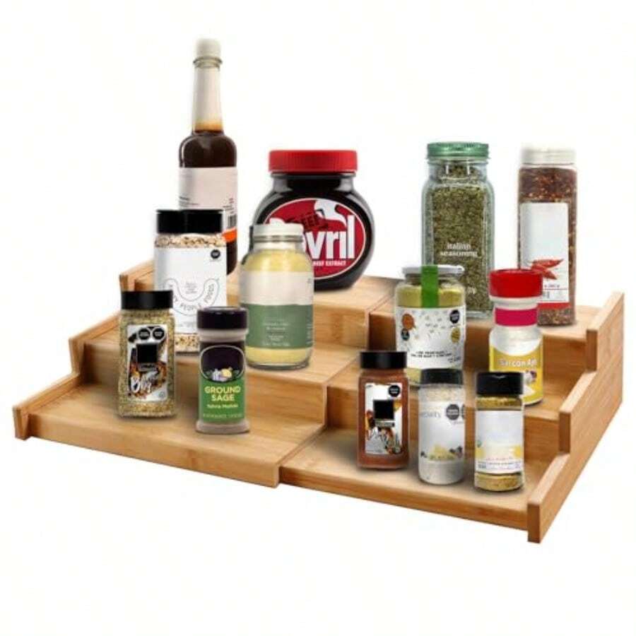 Organizador de especias expandible cocina 3 niveles de escalones para alacena extensibles8.75 pulgada especiero Alta dureza y fácil de limpiar para Despensa Encimera Mostrador Natural - Natural - Ver 1