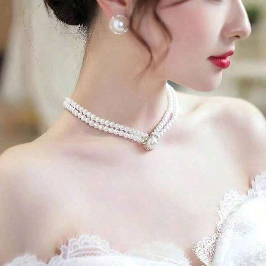 1/3pcs Set Vintage Palace Style Crystal Rhinestone & Faux Pearl Necklace And Earrings Jewelry Set For Women Valentine's Day Accessories W9X8Valentine's Day Gift For Her - White - View 1