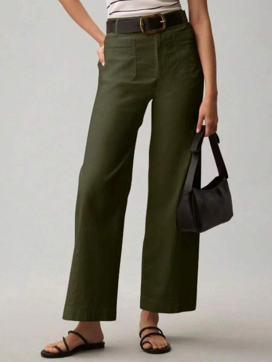 Women'S Summer Solid Color Straight Leg Casual High-Waisted Slim Wide Leg Suit Pants - 軍綠色 - 查看 1