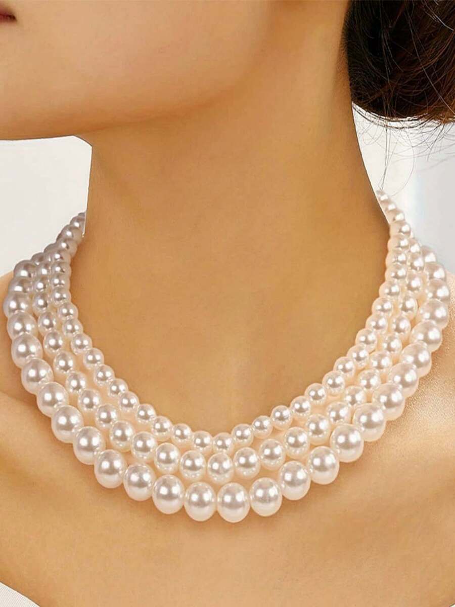 1PC 3-Layer Pearl Necklace, Fashionable Elegant Faux Pearl Beaded 3-Layer Stacked Collarbone Chain, Minimalist Pearl Necklace, Niche High-End Jewelry, Suitable For Girls And Women, Grey Cloth Bag (Random Number Of Pearls) - Gold - View 1