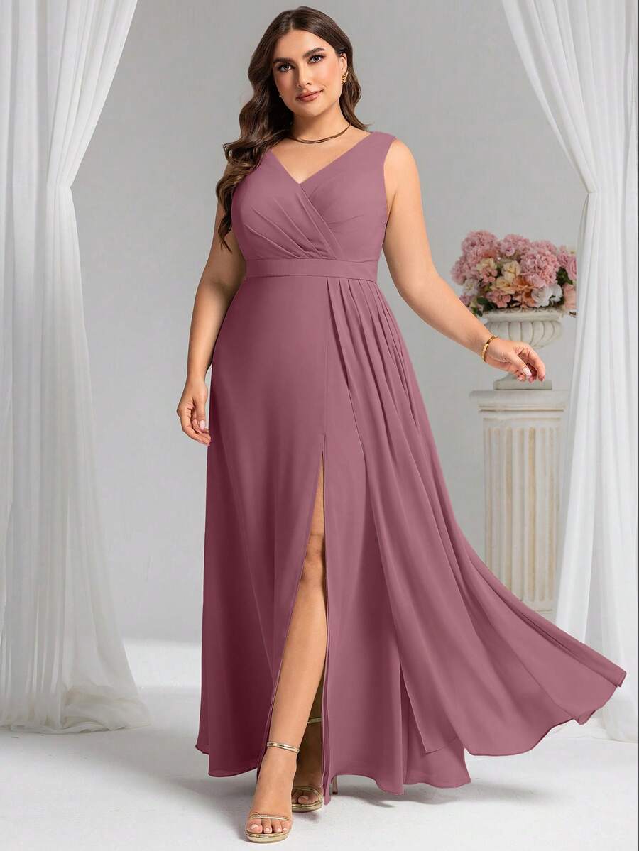Đầm phù dâu không tay cổ chữ V lãng mạn, xếp ly phía trước, xẻ tà cao, thích hợp cho khách dự tiệc cưới. - Bụi hồng - Xem 1