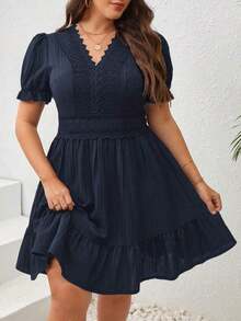 SHEIN VCAY Plus Size Lace Patchwork Puff Sleeve Summer Dress - 藏蓝色 - 查看 12