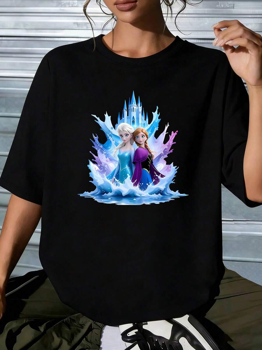 Disney Soft, Comfortable Women's Drop Shoulder Oversized Tee, Cute Frozen Anna Ice Castle Graphic, Feminine Summer Street Fashion, Women's T-ShirtCrafted From Soft, Comfortable, And Durable Pure Cotton Fabric, This Round-Neck T-Shirt Is An Ideal Choice For The Spring And Summer Seasons. Suitable For A Wide Range Of Occasions-Including Daily Wear, Shopping, Parties, Travel, And Social Gatherings-It Also Makes For An Exquisite Gift. - 黑色 - 查看 1